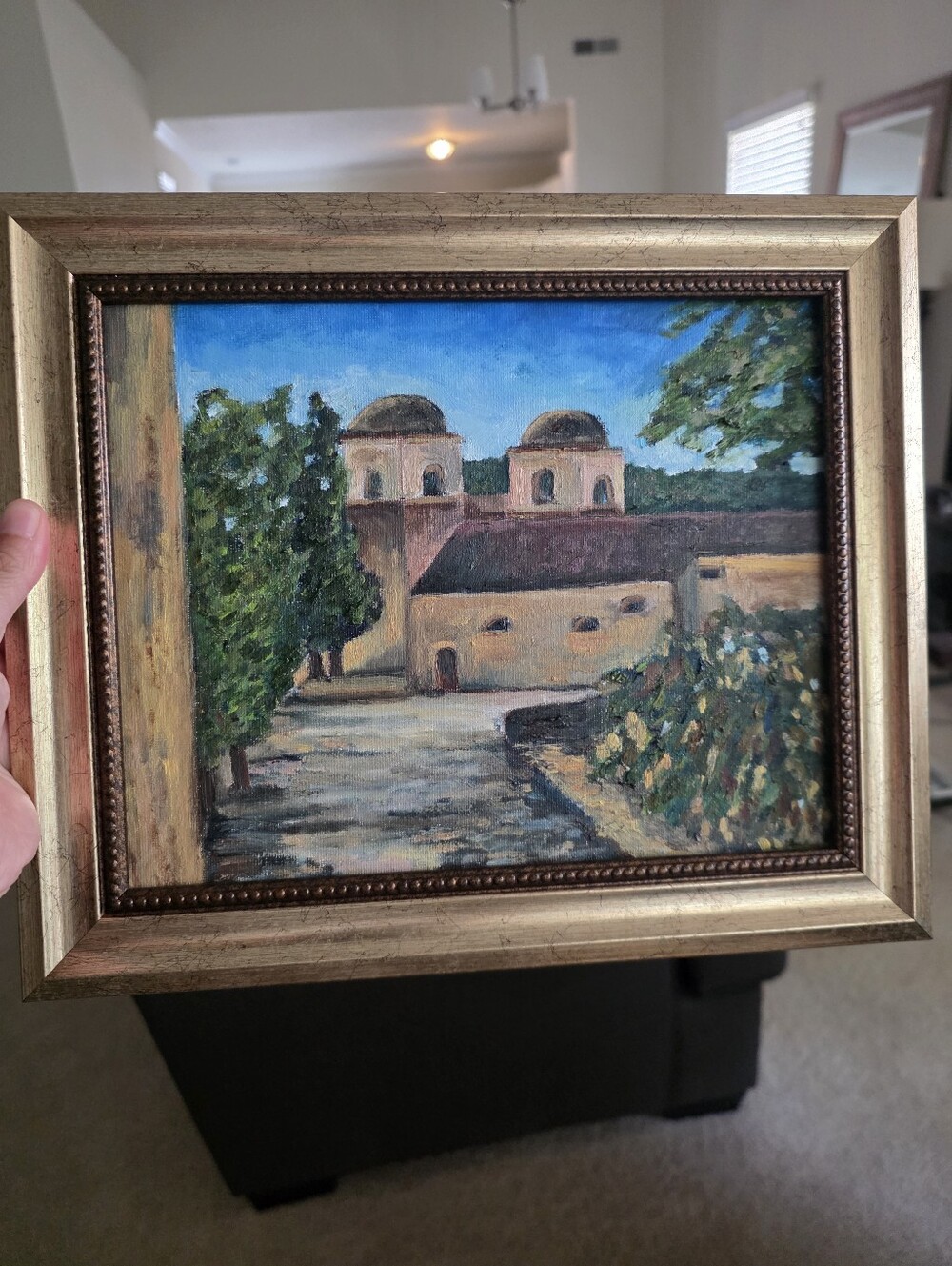 Framed Village Landscape Painting in Blue and Tan